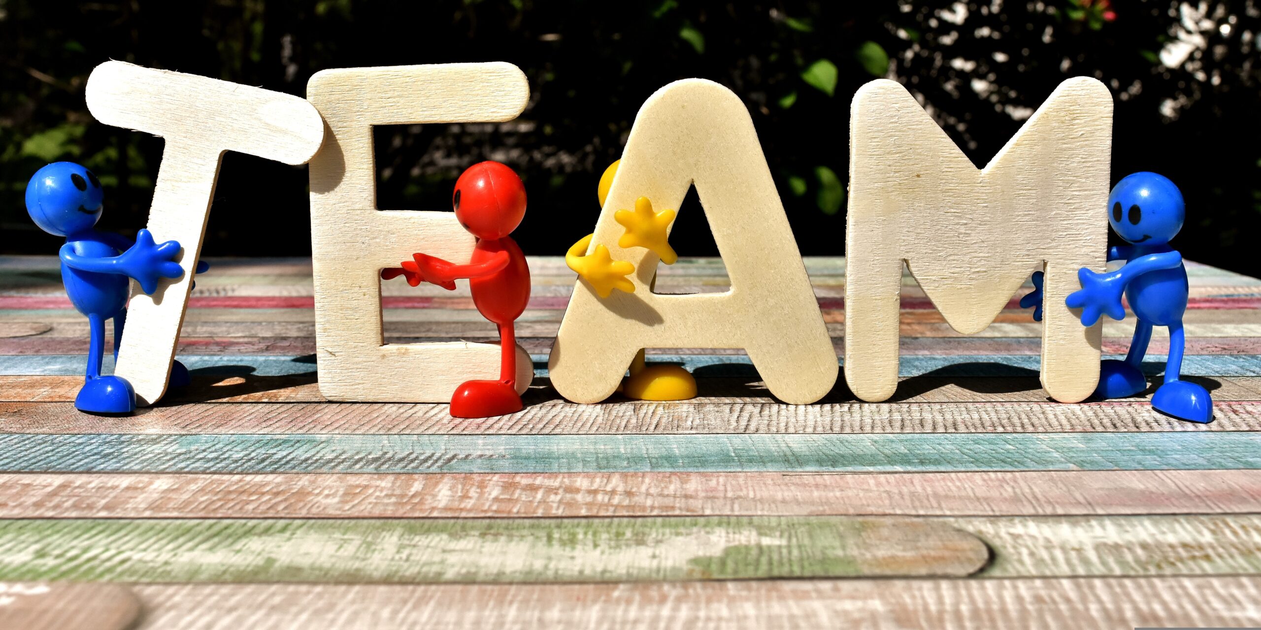 Foto von Figuren und dem Wort "Team" als Holzauschnitt